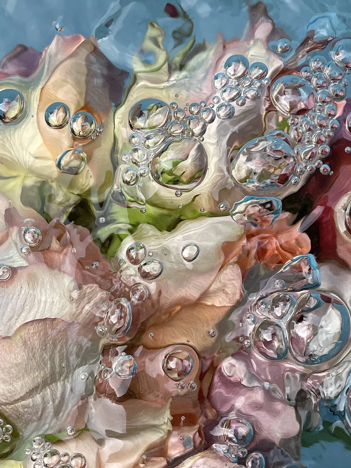 A cluster of flowers and rising bubbles beneath the surface of moving water